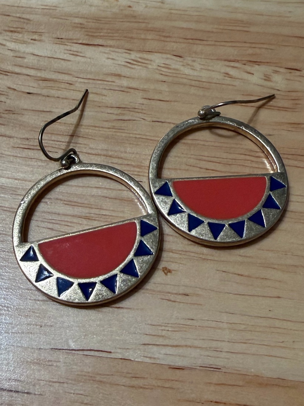 Gold-Tone Hoop Earrings with Red and Navy Inlay